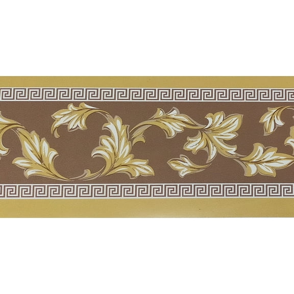 Dundee Deco Peel and Stick Self Adhesive Wallpaper Border - Damask Yellow Green Leaves Scrolls, 33 ft x 4 in
