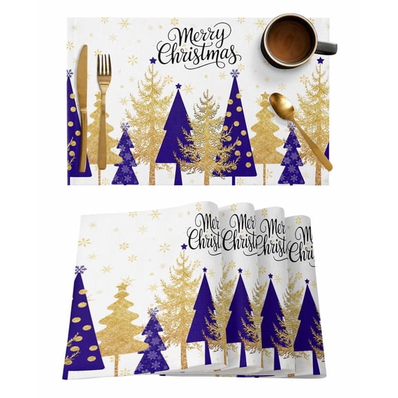Christmas Tree Placemats Set of 6 Gold Purple Tree Winter Snowflakes Abstract Heat Insulation Washable Place Mats, Rustic Non-Slip Table Mats for Dining Table Party Kitchen Decor,13x19 Inch
