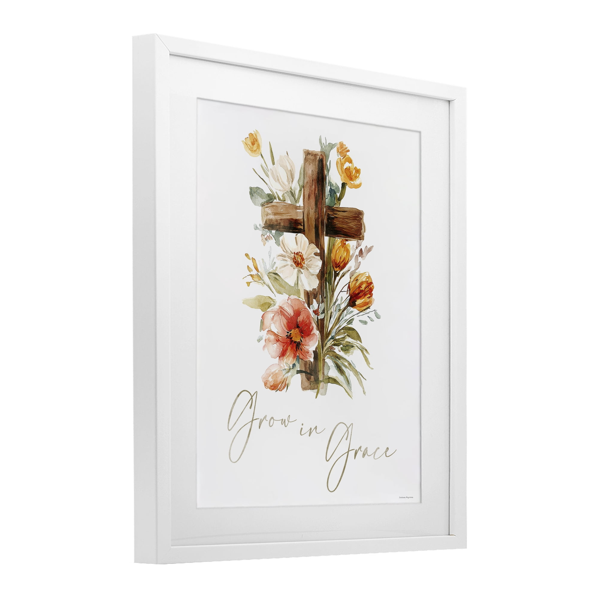 Stupell Industries Grow In Grace Cross White Framed Print Under Glass, design by Svetlana Aleynikova
