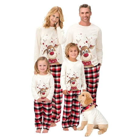 

Biekopu Christmas Family Matching Pajamas Set Parent-Kid Sleepwear Xmas Deer Tee Red Plaid Bottom Dad Mom Kids Pjs