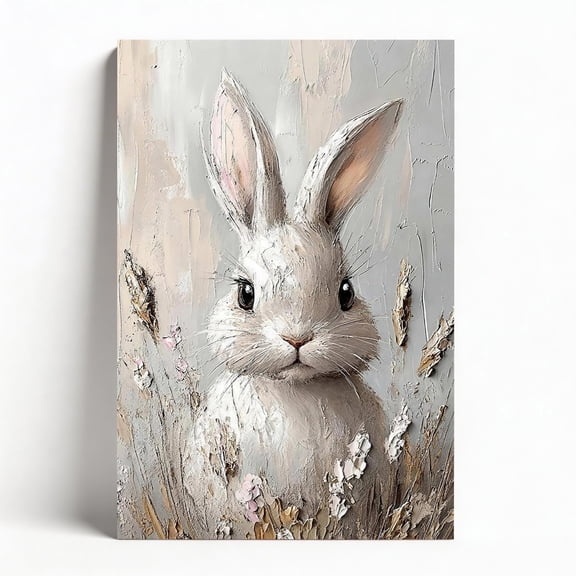 "Whimsical Textured Bunny" Canvas Wall Art, Impasto Animal Framed Decor, Spring Rabbit Painting for Nursery Bedroom Living Room, Farmhouse & Easter Home Decor Ready to Hang 12"x18"