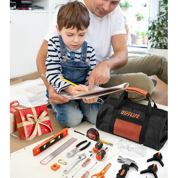 Difflife 18-Piece Hand Tool Set Kids Real, Tool Kit with Storage Bag for Boys, Girls, Children DIY Building and Woodworking, Age 8  Tool Set-18 Piece