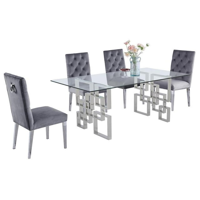 Rectangular Clear Glass 5pc Dining Set with Silver Stainless Steel Base