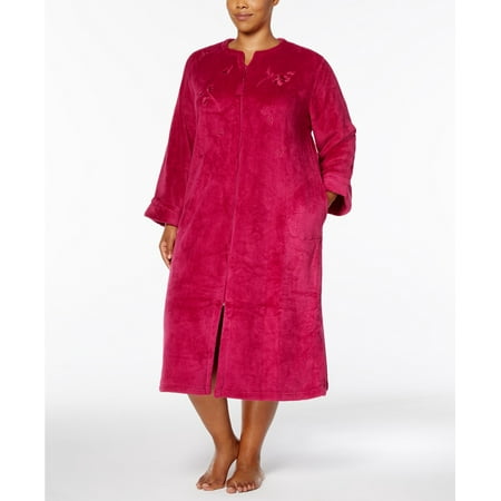 Miss Elaine-Embroidered Fleece Robe-Plus-3X-Vintage Berry