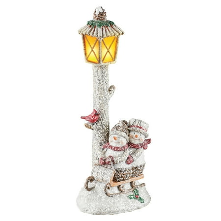 Faux Tabletops - Lighted Happy Sledding Snowmen Lamppost Tabletop Seasonal Decor - Includes Faux Snow for Holiday Charm