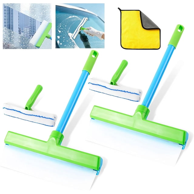 2026 New Scratch-Free & Streak-Free Squeegee 5-Piece Set for Glass Cleaning, Recyclable Silicone Window Squeegee Kit, 3 in 1 Glass Cleaning Tool with Rotatable Rubber & Microfiber Scrubber (Green*2)