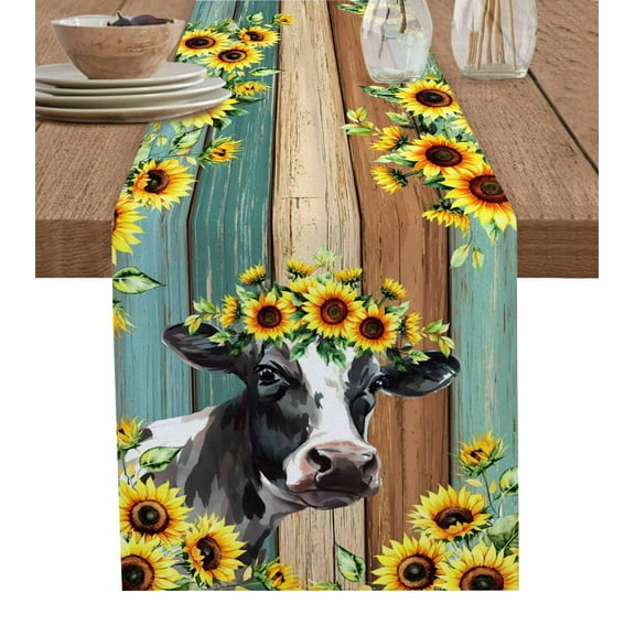 Sunflower Cow Burlap Cotton Table Runner 13x72 Inches Long, Rustic Teal Brown Farmhouse Wood Grain Farmhouse Table Runners, Outdoor Dining Tablecloths Decor for Baby Shower/Party/Wedding