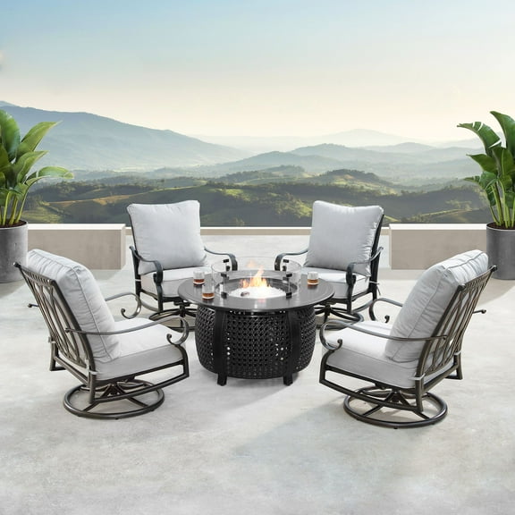 Outdoor Living and Style 5-Piece Gray and Black Outdoor Patio Round Fire Table Swivel Rocking Chairs