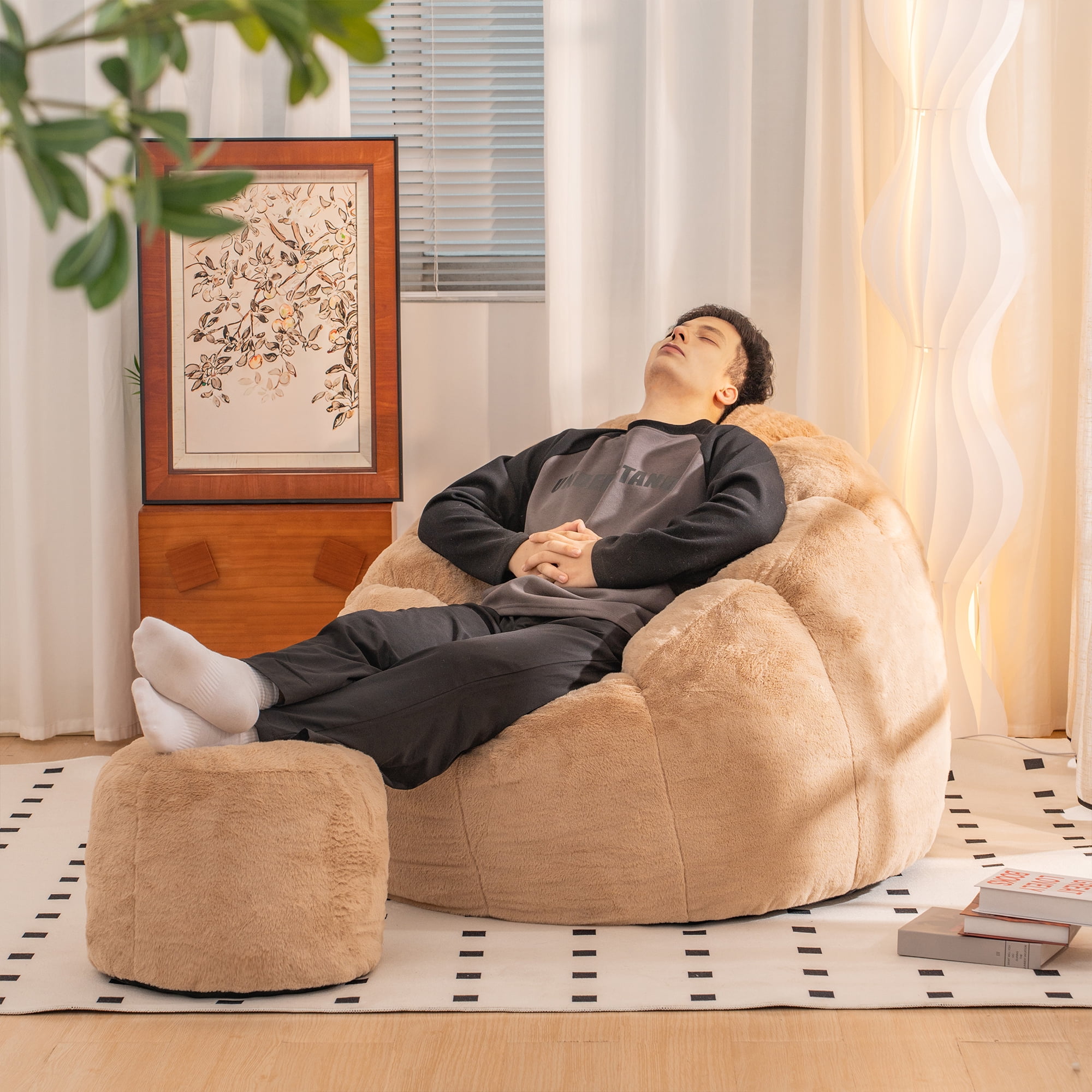 Giant Bean Bag Chair, Oversized Bean Bag Couch for Adults and Kids, Faux Fur Shell-Shaped Large Bean Bag Chair with Filler, Stuffed Big Accent Sofa Chair Floor Sofa for Gaming, Reading