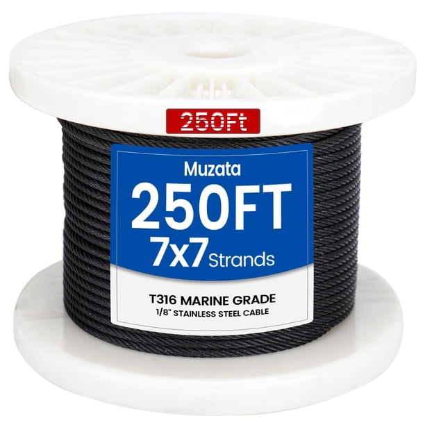 MUZATA Cable de acero inoxidable T316 negro de 250 pies 1/8 pulgadas para barandilla de cable interior y exterior, cercado de cubierta de escalera, 7x7 hebras, balaustrada colgante WR19 WP1