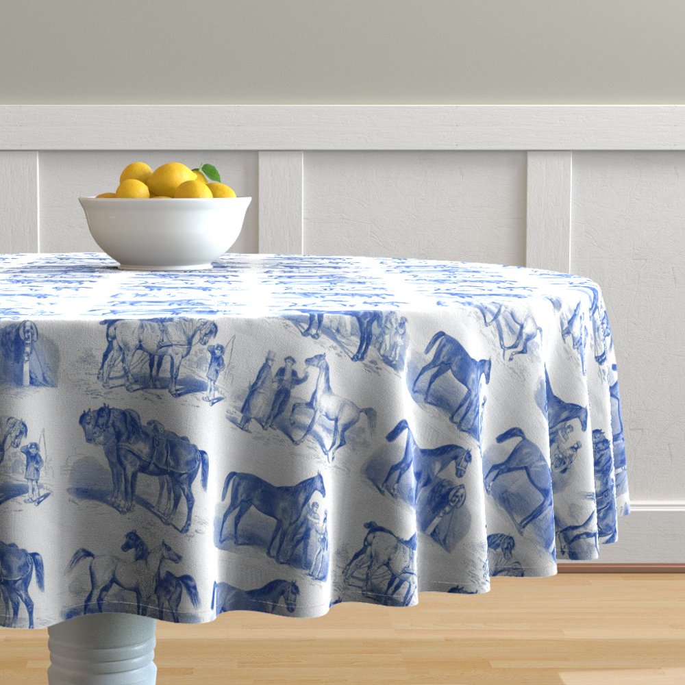 Round Tablecloth Equestrian Toile Blue Delft Vintage Inspired Cotton