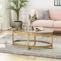 GDF Studio Bell Modern Glam Tempered Glass Oval Coffee Table, Brass
