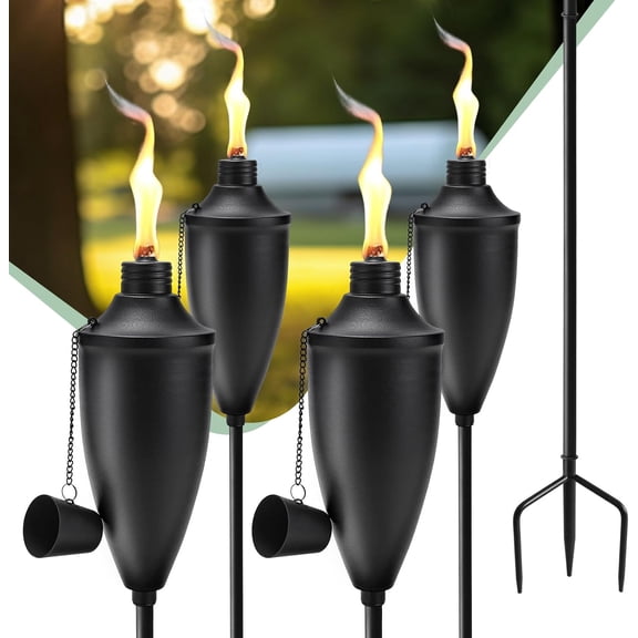 4 Pack Garden Torches for Outside, 22 oz Metal Citronella Torch with 3-Prong Grounded Stake, Perfect for Patio, Lawn, and Backyard Décor