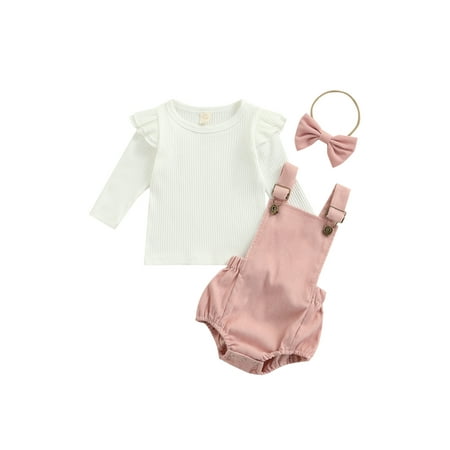 

Jkerther 3 Pcs Newborn Baby Girl Corduroy Set Infant Ribbed Long Sleeve Round Neck Tops Suspender and Pants