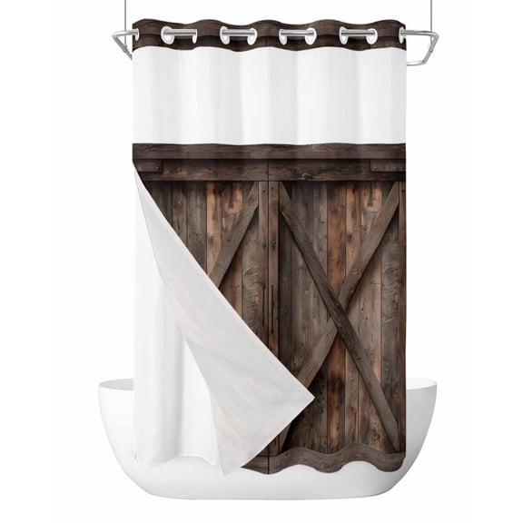 No Hook Shower Curtain, Vintage Brown Small Shower Curtains with Snap in Liner, Retro Country Wooden Farmhouse Waterproof Washable Fabric Bathroom Curtain Set, 36" x 72"