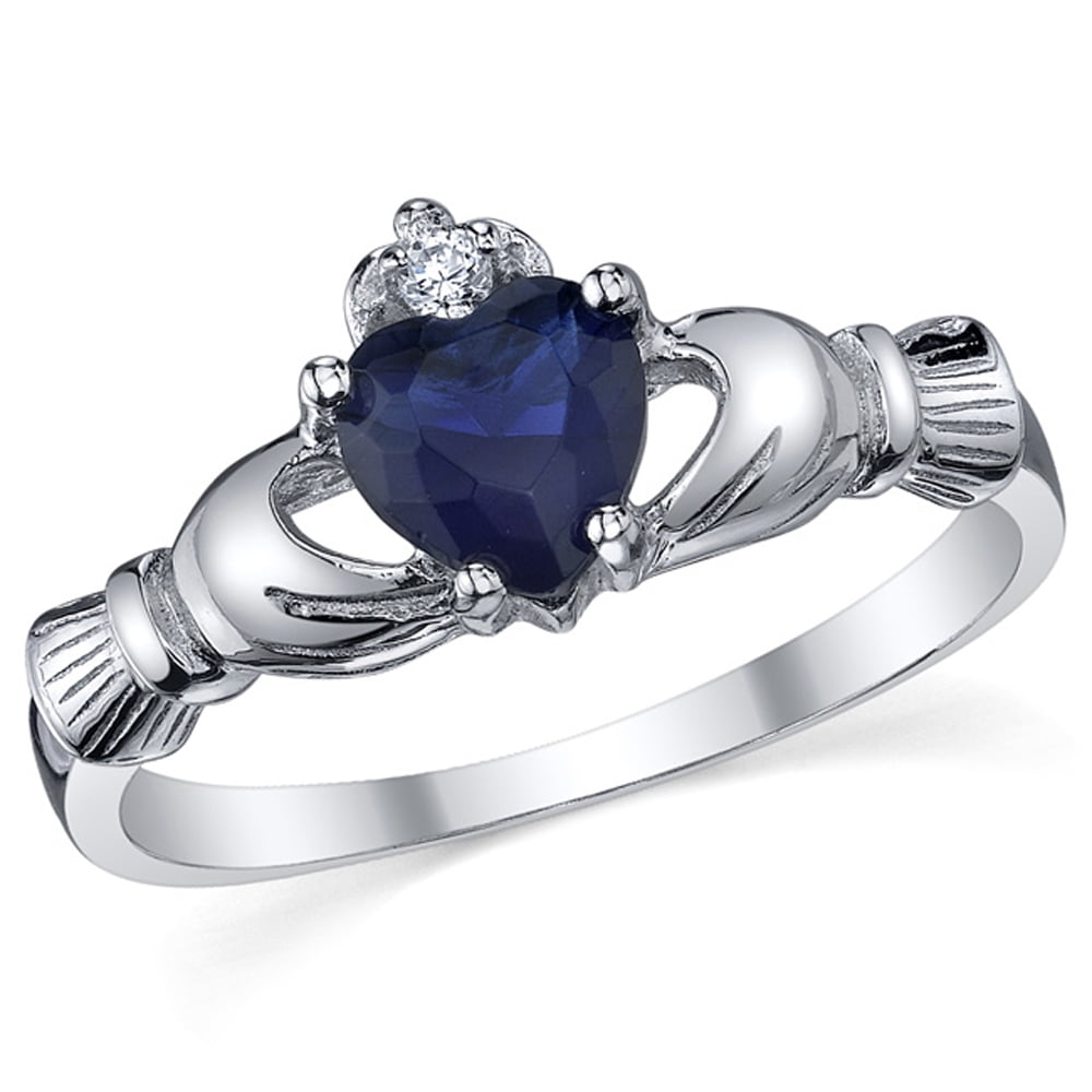 Irish Claddagh Ring 925 Sterling Silver Blue Zircon CZ Heart Promise Ring 