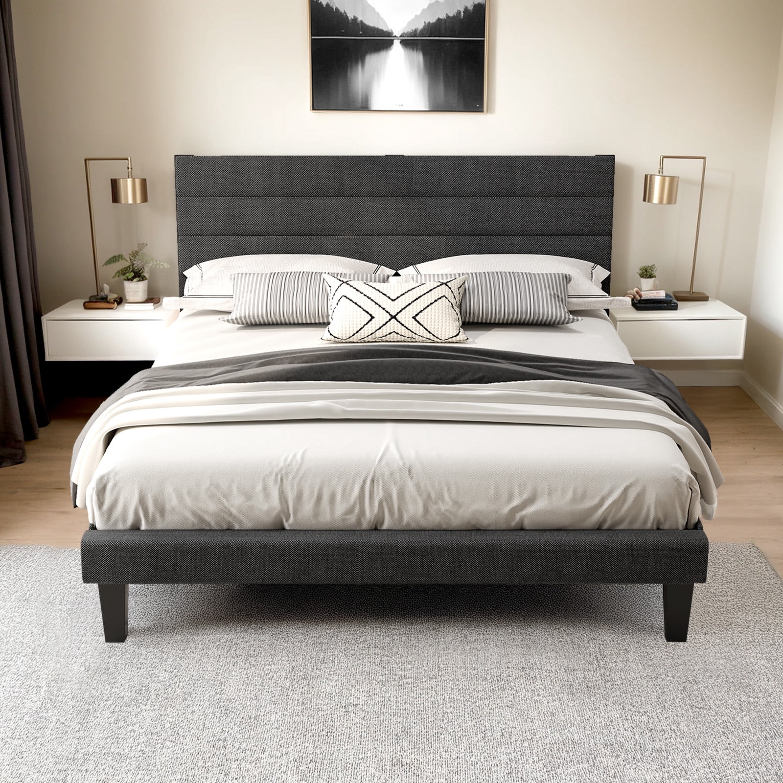 Ktaxon Upholstered Queen Size Bed Frame, Platform Bed  with Headboard, Gray