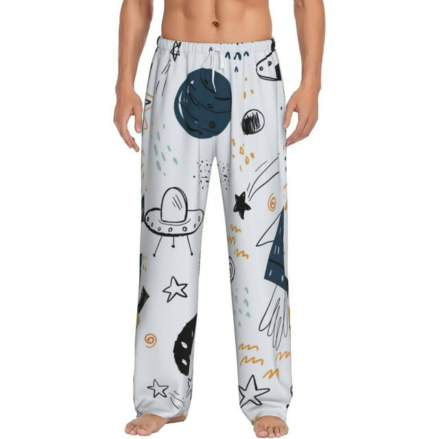 Kdxio Cartoon Planets Pattern Men's Pajama Pants, Elastic Waist with Drawstring and Pockets, Comfortable Loungewear-Small