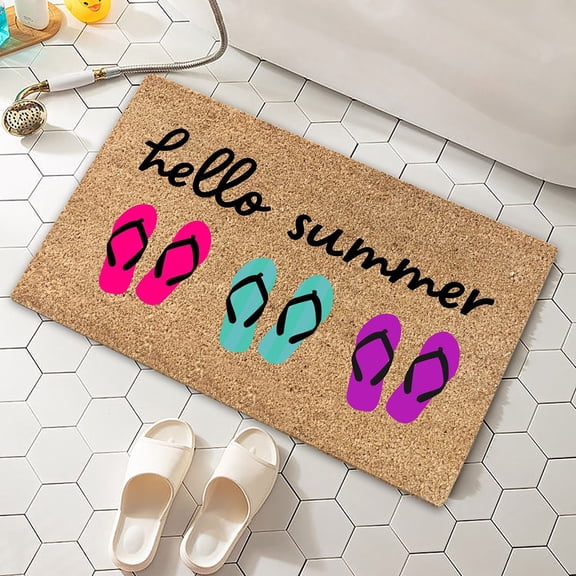 LHWEN 1PCS Summer Floor Mats Holiday Welcome Door Mats Non-Slip Polyester Beach Themed Entrance Mat Rubber Padded Grip Low-Profile Design Indoor Outdoor Decor Santa Snowflakes Festive Decoration Back