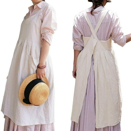 

QWZNDZGR Cotton Linen Criss Cross Back Apron with Pockets for Women Japanese Korean Cute Style Smock Pinafore for Kitchen Cooking Baking Gardening Painting Beige
