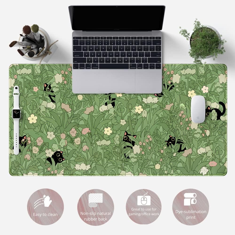 Green Desk Mat XL Cat Cute Plant Cool Desk Pad Keyboard Mat Kawaii Black Cat Flower Mouse Pad Green Desk Mat Desk Decor with Stitched Edges Non-Slip Large Computer Mat 31.5x15.7in