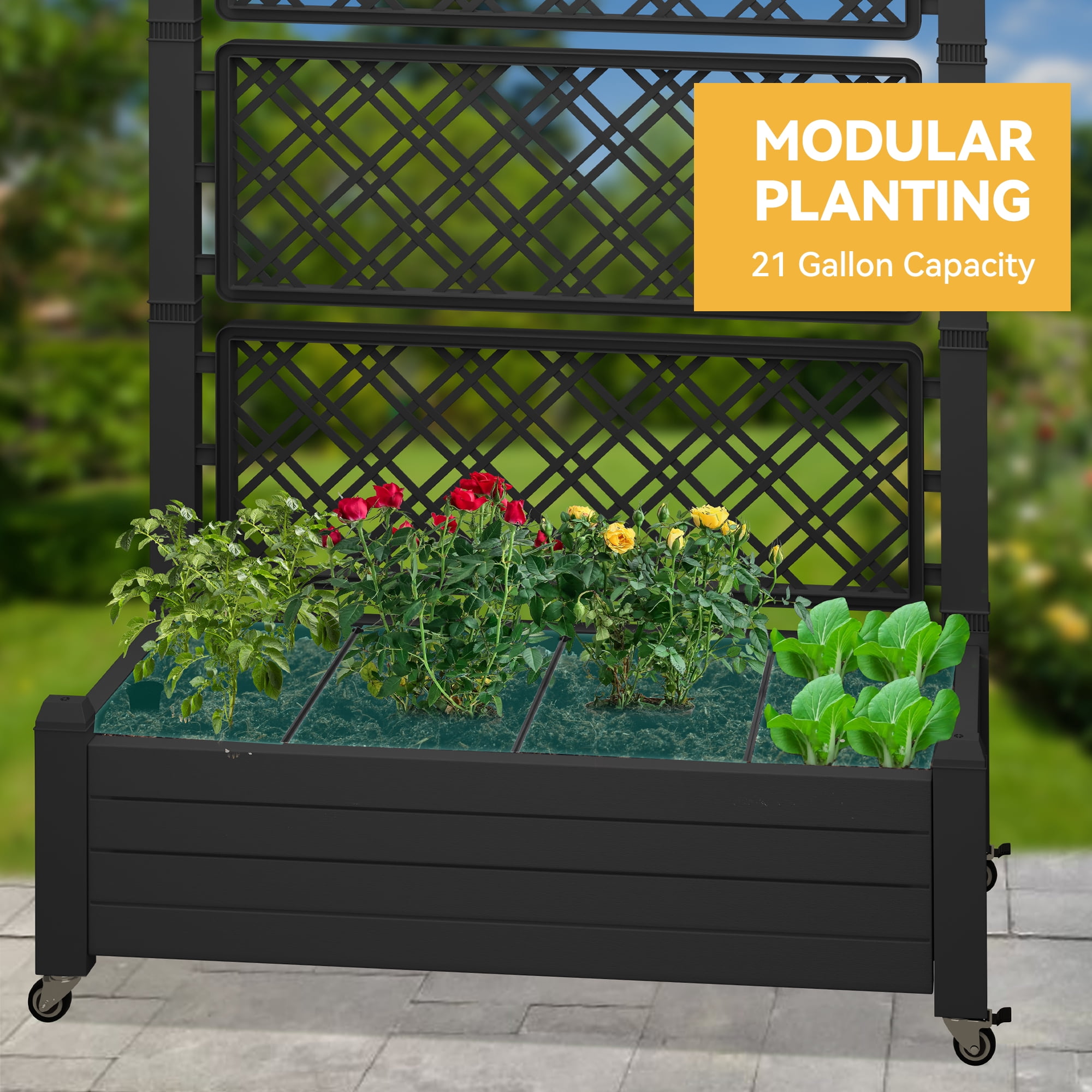 Uforic Large Planter Box Trellis, Outdoor Raised Garden Bed with Drain Plug and Lockable Wheels,for Climbing Plants, 3.6x1.5x5 FT-Black