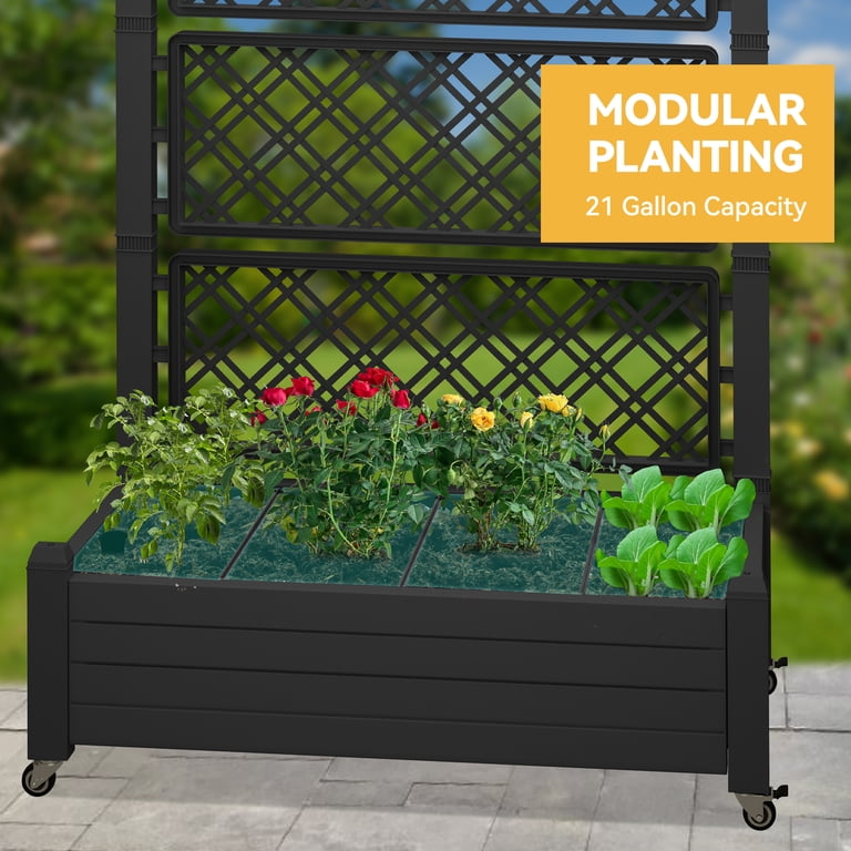 Uforic Large Planter Box Trellis, Outdoor Raised Garden Bed with Drain Plug and Lockable Wheels,for Climbing Plants, 3.6x1.5x5 FT-Black