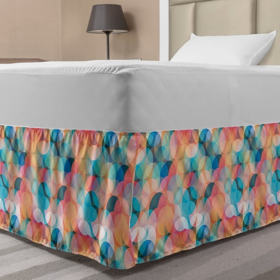 Colorful Bed Skirt, Bohemian Graphic Colored Print with Circles Intersecting in Regular Order, Elastic Bedskirt Dust Ruffle Wrap Around for Bedding Decor, 4 Sizes, Multicolor, by Ambesonne