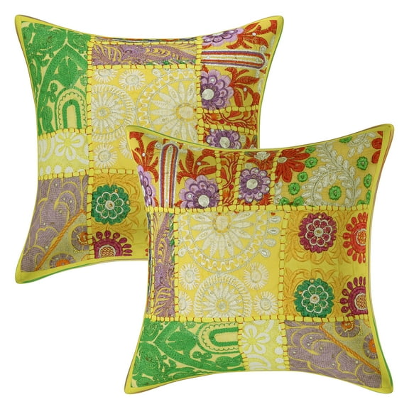 Stylo Culture Ethnic Cotton Home Decor Throw Pillow Covers Lemon Yellow 12 x 12 Bohemian Vintage Patchwork Ethnic Sofa Cushion Covers 30x30 cm Living Room Abstract Square Pillow Cases | Set Of 2