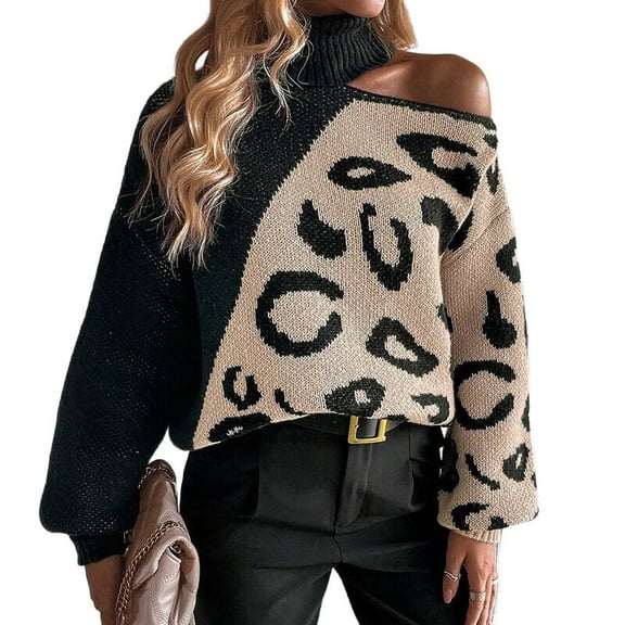 Womens Casual Leopard Print Off Shoulder Turtle Neck Knit Pullover Loose Fit Long Sleeve Jumper Sweaters Tops Black L