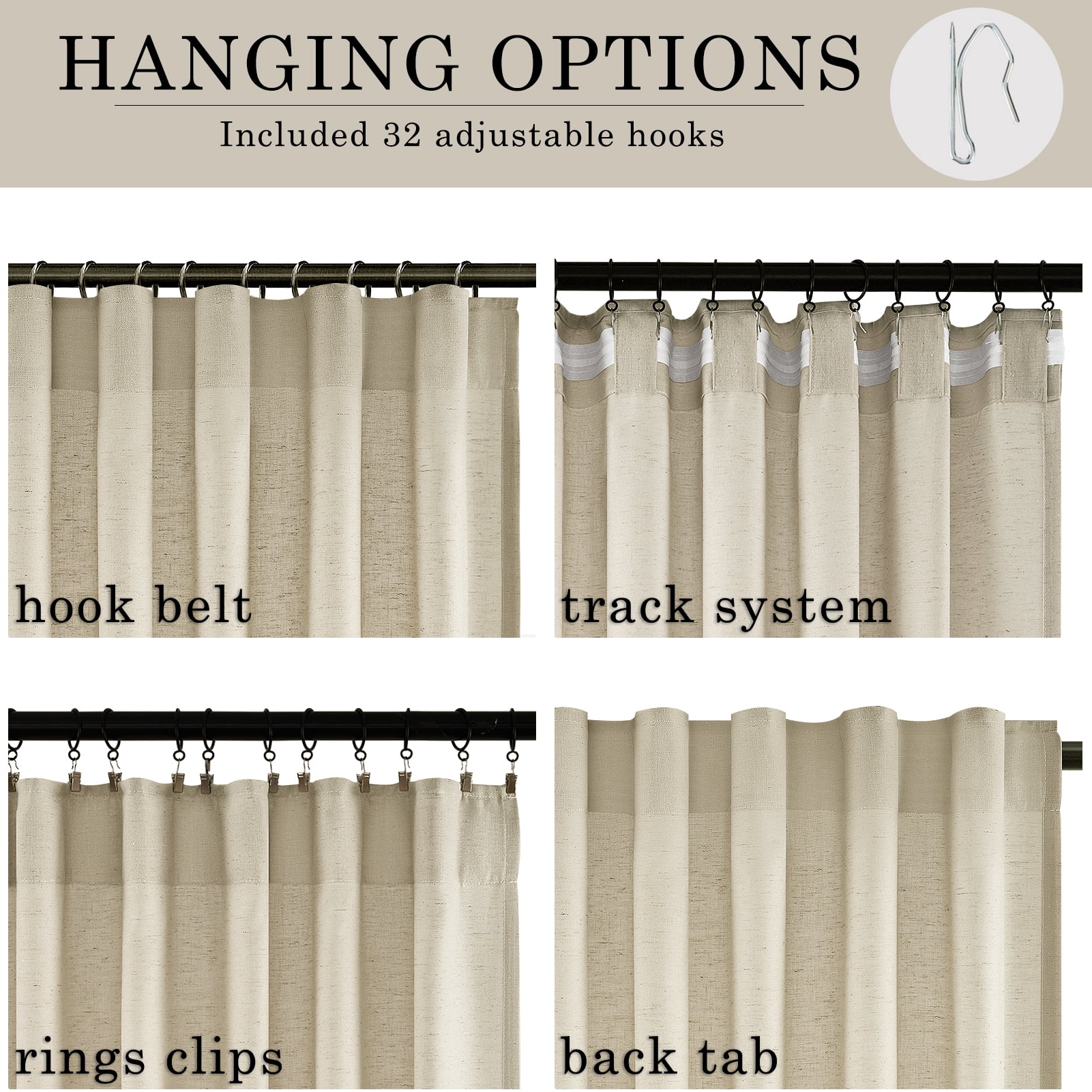 Jainmy Linen Semi Sheer Curtains 90 Inches Long 2 Panels Set, Light Filtering Farmhouse Curtain Drapes for Living Room Bedroom,52"x90",Natural Linen