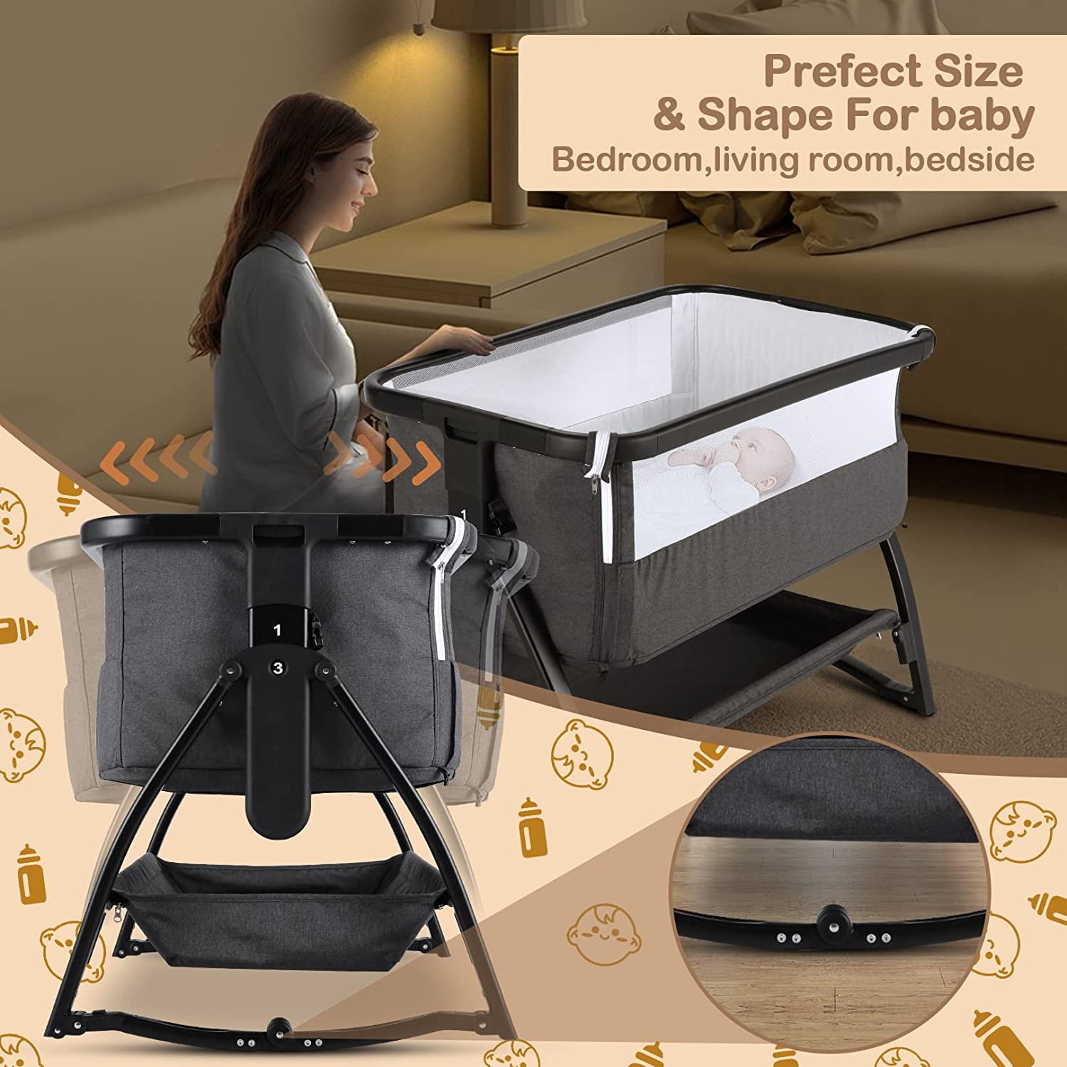 Adnoom 7-Level Adjustable Bassinet & Bedside Sleeper - Portable Infant Bed for Newborns 0-6 Months (Light Gray)