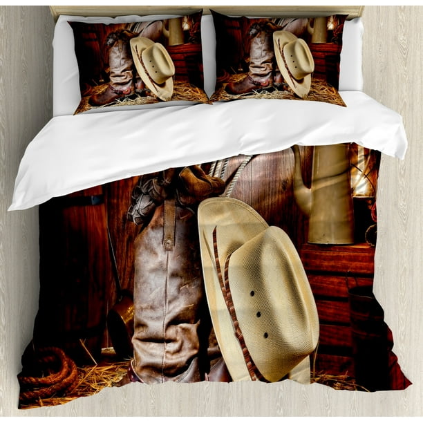 Western Duvet Cover Set, Authentic American West Rodeo Elements with