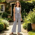 thumbnail image 6 of Ynynloco Girl's 2 Piece Summer Outfits Bow Striped Ruffle Peplum Tank Top Matching Wide Leg Pants Cute Clothing Sets 9-16 Years, 6 of 8
