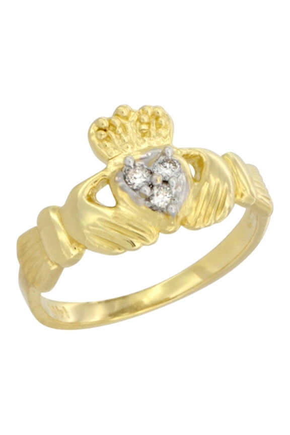 Small 14k Gold Diamond Claddagh Ring for Women Irish Wedding Band 0.10 cttw 3/8 inch size 8