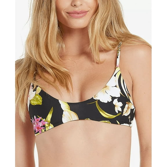 Volcom BLACK TROPICAL Shore She Can Scoop-Neck Bikini Swim Top, US X-Small