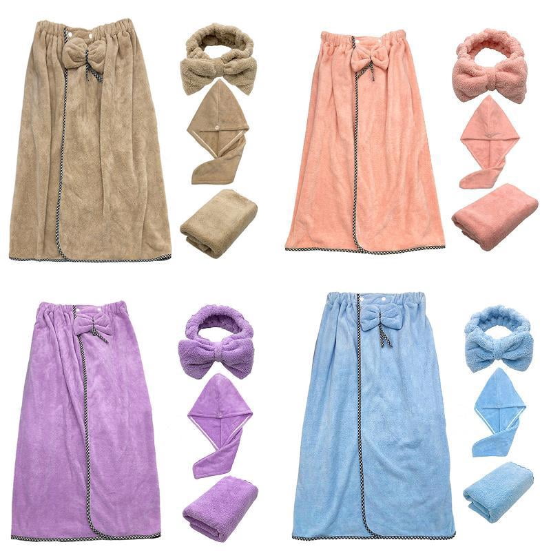 Yammee 4Pcs/Set Women Wearable Bath Wrap with Towel Headband Hair Dry Cap Bow Bathrobe
