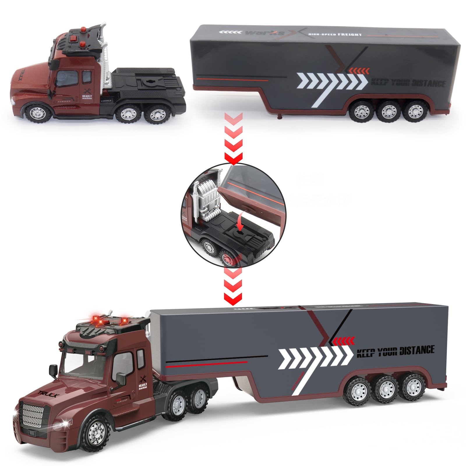 RC Semi Truck with Trailer, 2.4Ghz Remote Control Container Handling Car with Simulated Sound and Lights, Adults and Children Toy Gifts