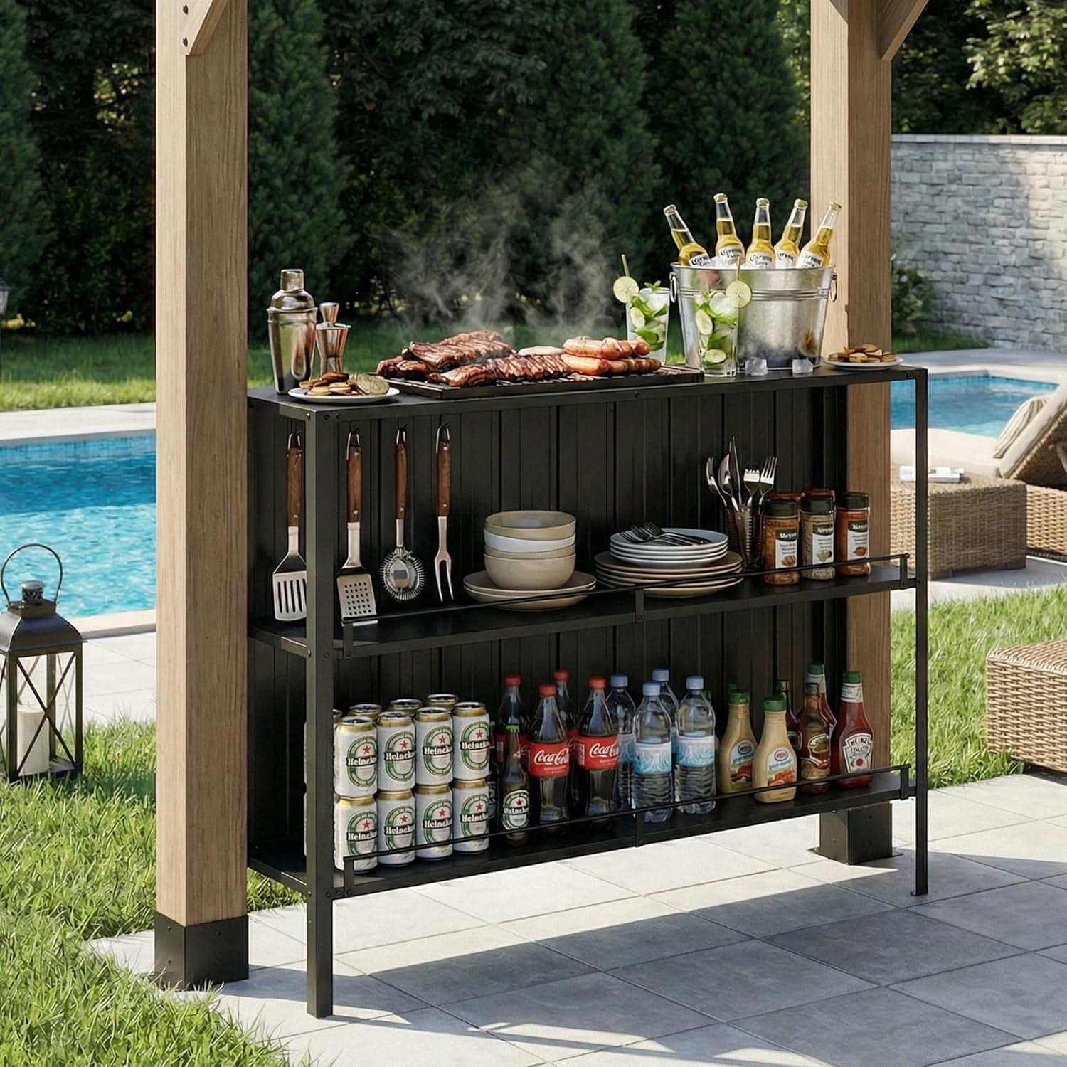 CHARMELEON 6 Ft. x 12 Ft. Cedar Wood Grill Gazebo with Storage Cabinet & Bar Counter, Permanent BBQ Pavilion with Galvanized Steel Roof for Patio, Backyard, Garden, Deck