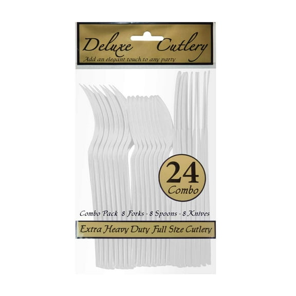 Party Essentials Extra Heavy Duty Hard Plastic Cutlery Combo Pack and Full Size Knives/Forks/Spoons,