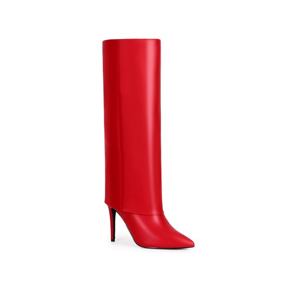 BLISSFUL STEP Women's Boots Fold Over Knee High Stiletto Heel Pointed Toe Side Zip Faux Leather Boots Red 9.5