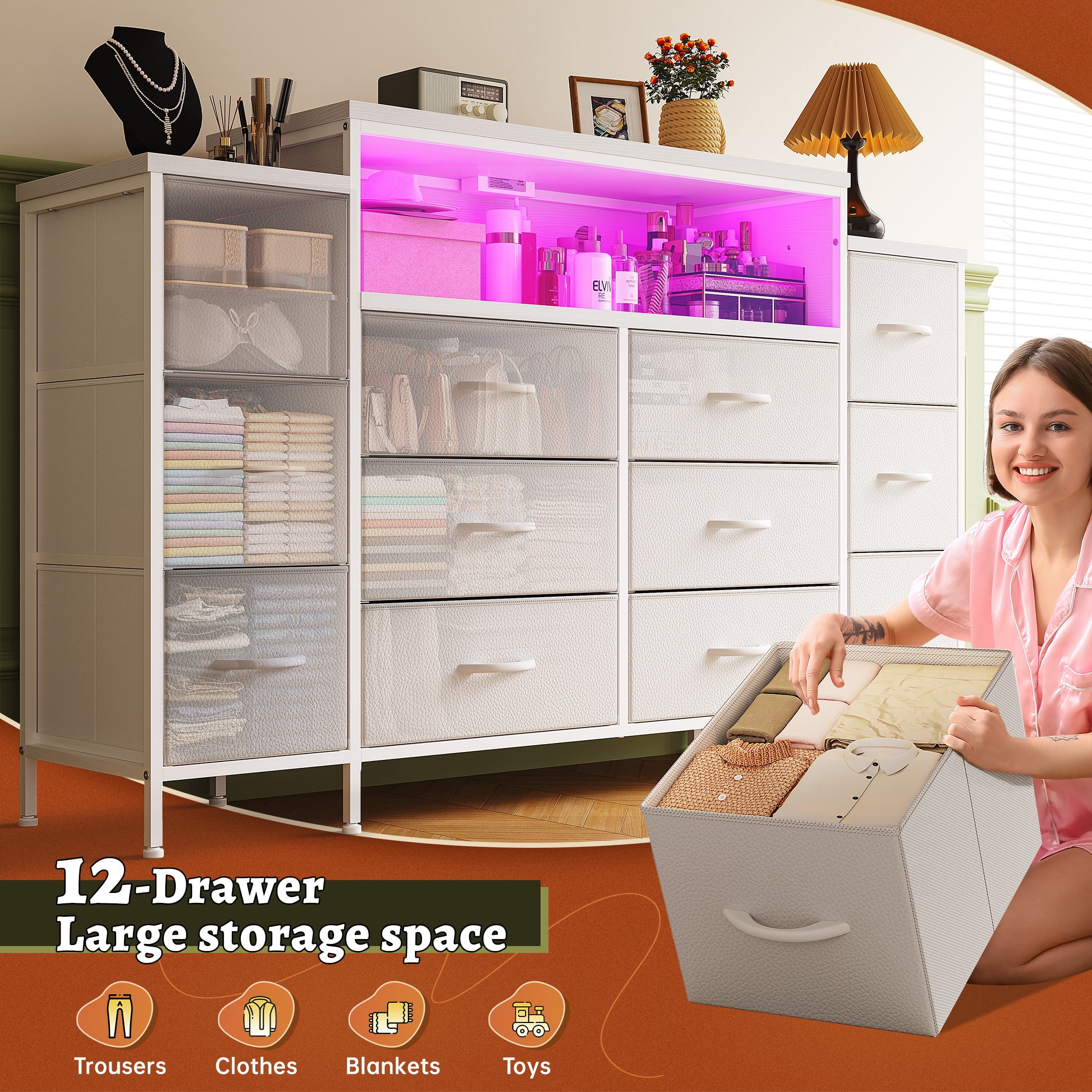 EnHomee White Dressers for Bedroom with 12 Drawer Fabric Dressers with LED lights & Power Outlet,55"W x 11.8"D x 33.5"H