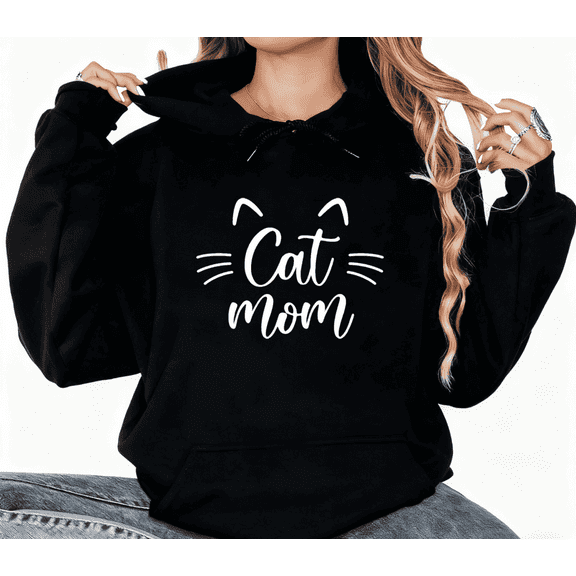 "Cat Mom" Whimsical Graphic Tee T-Shirt Print Top Cotton Suitable Hooded long-sleeved Black S-2XL