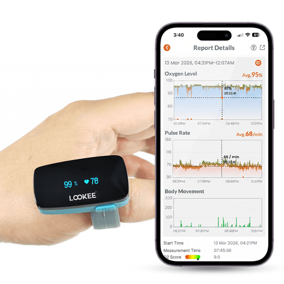 LOOKEE® Ring Sleep Oxygen Monitor with Vibration Reminder for Low O2 | Continuous Ring Pulse Oximeter Overnight Tracks Blood Oxygen Level and Heart Rate | Free Mobile App Reports