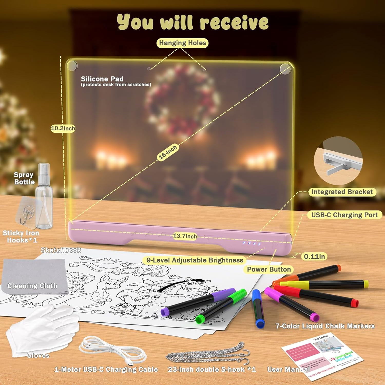16-inch Rechargeable Doodle Glow LED Note Board, 4 Modes with 7 Colors Neon Art Dry Erase Light Up Led Drawing Board with Built-in Stand, Hanging Chain, Drawing Pad for Kids, Girls, Teens (Pink)