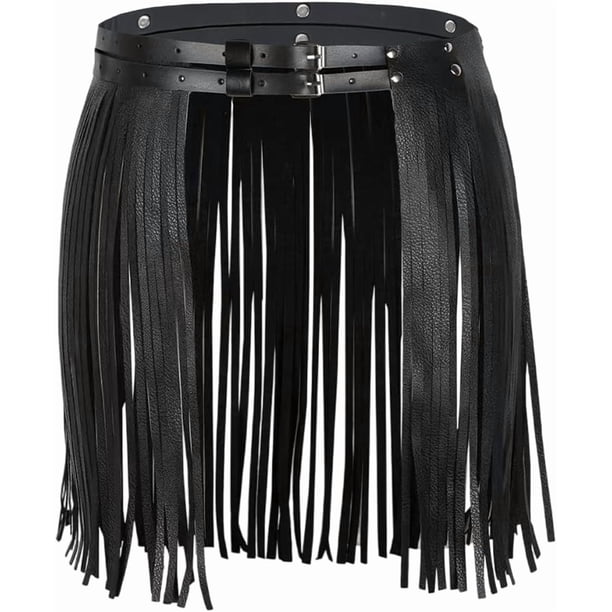Cinturón ancho de cuero sintético con borlas para mujer, cinturón de cuero negro estilo punk occidental con flecos, estilo gitano vintage, gótico, para fiestas y rave.