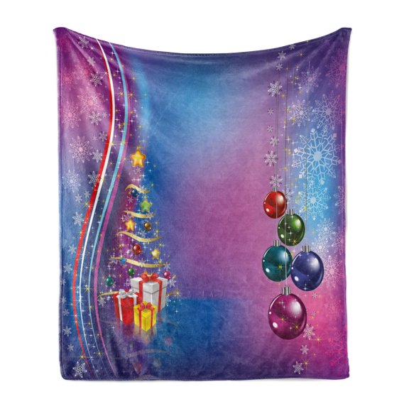 Christmas Soft Flannel Fleece Blanket, Yule Party Celebration Theme Tree Surprise Boxes Abstract Snowflakes, Cozy Plush for Indoor and Outdoor Use, 70" x 90", Lilac Purple and Blue, by Ambesonne