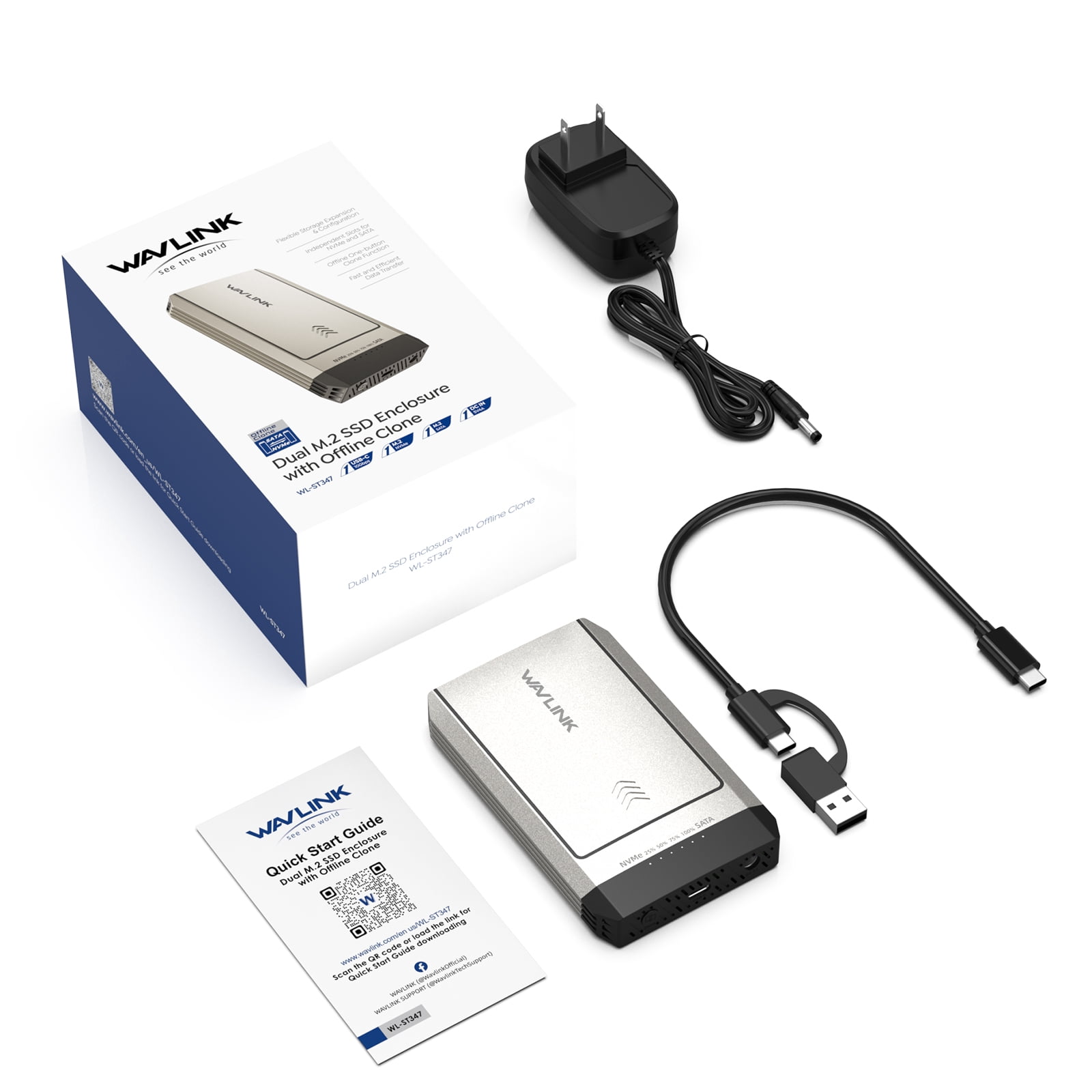 WAVLINK Hard Drives Enclosure, Compatible with NVMe, M.2 Duplicator Dual-Bay Offline Clone, 10Gbps USB-C(USB3.2 Gen 2x1), Supports NVMe and AHCI, up to 8TB