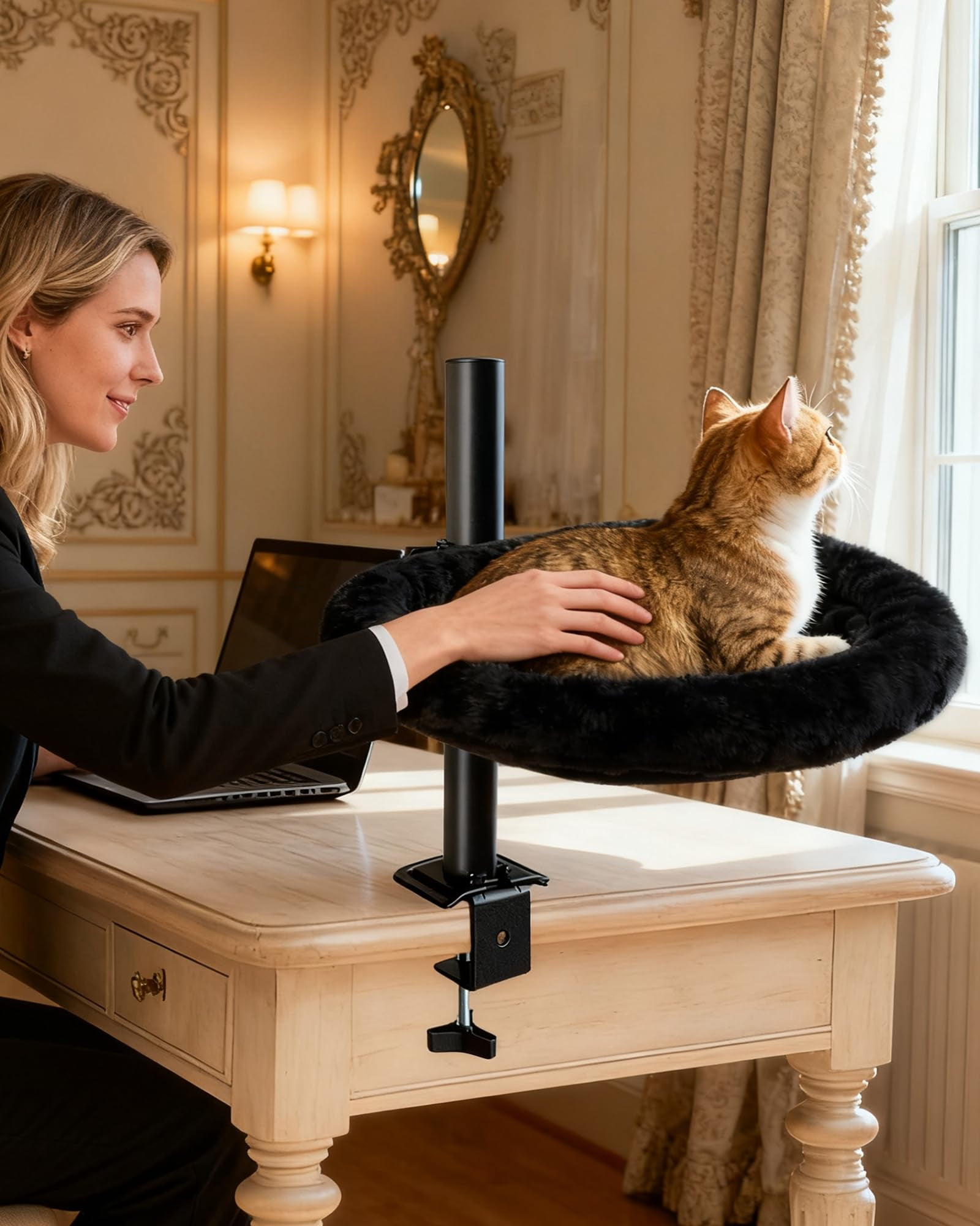 L&W BROS. Space-Saving Up & Down Foldable Cat Desk Hammock - Semi-Circle, 55lb Capacity for Large Cats, 360° Swivel, Machine Washable Plush Fleece Cover for Gaming Desks