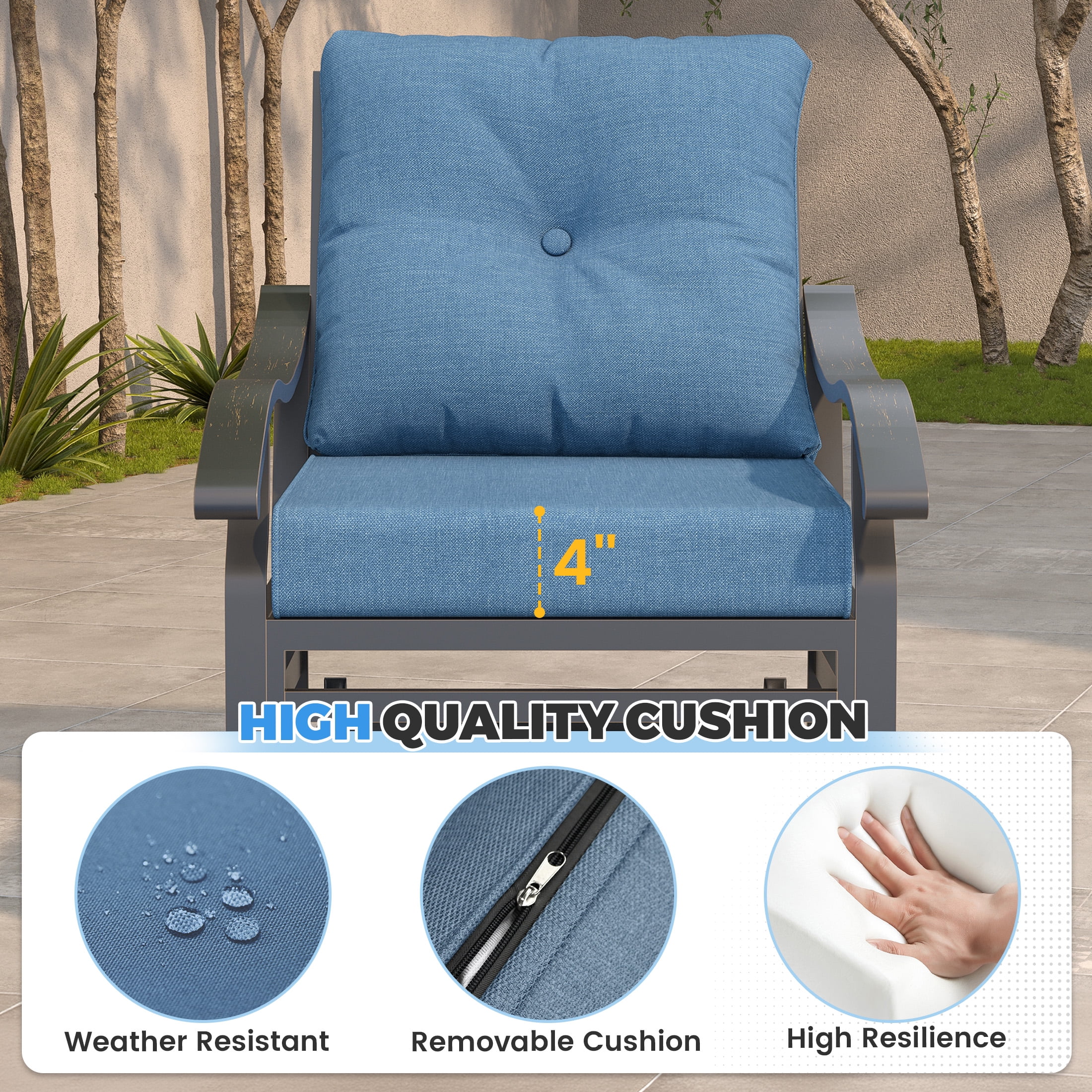 POTEBAN Outdoor Swivel Rocker Chairs, 3 Piece Metal Patio Rocking Chairs with Padded Cushions Patio Bistro Furniture Set with Side Table for Porch Balcony Backyard, Blue